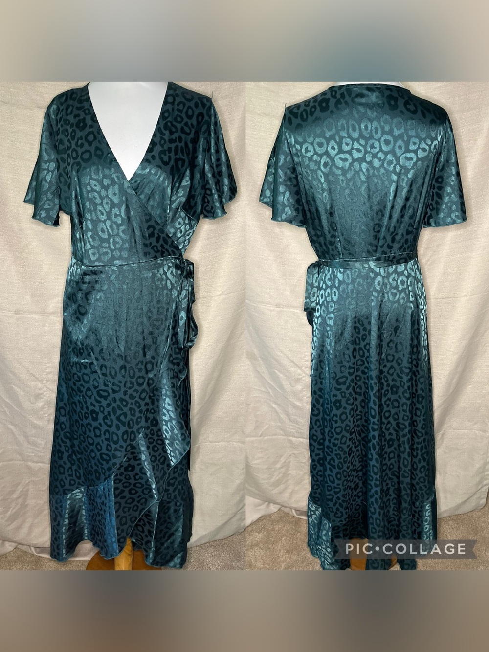 Simple Teal Animal-Print Satin Wrap Dress